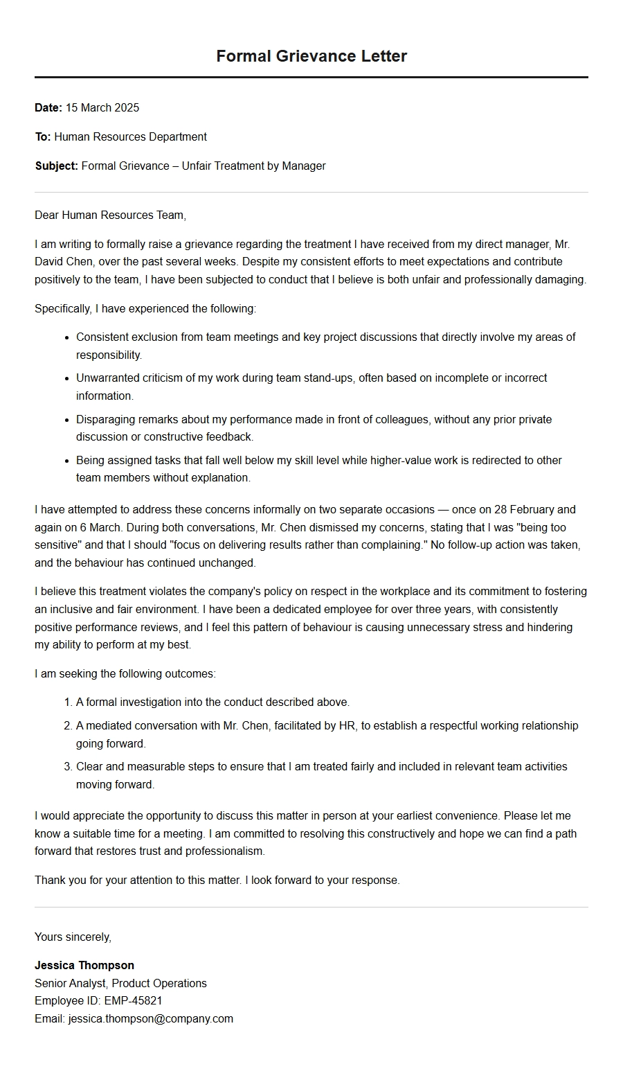 grievance letter regarding unfair treatment by manager - Complaint Letters