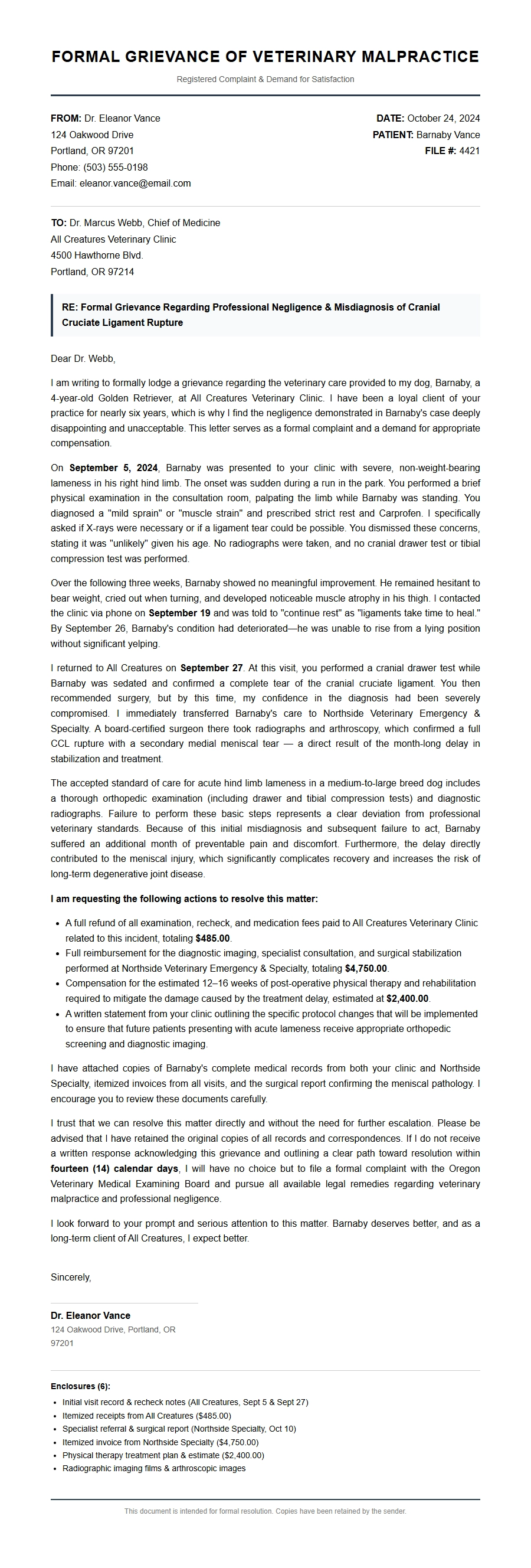 Veterinary Malpractice Grievance Letter
