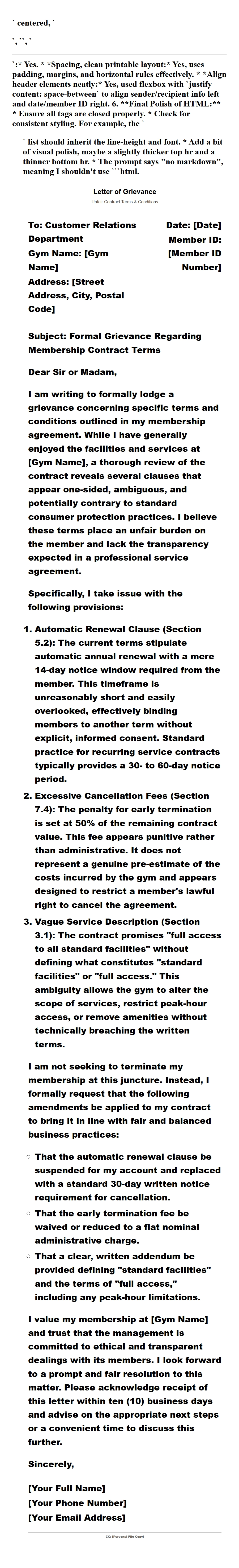 Grievance Letter for Gym Contract Terms