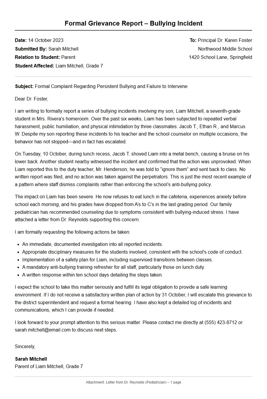 Complaint Letter for School Bullying Incident