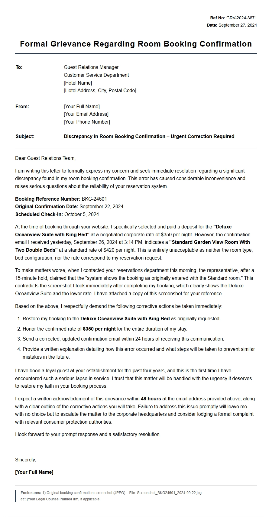 grievance regarding hotel room booking confirmation - Complaint Letters