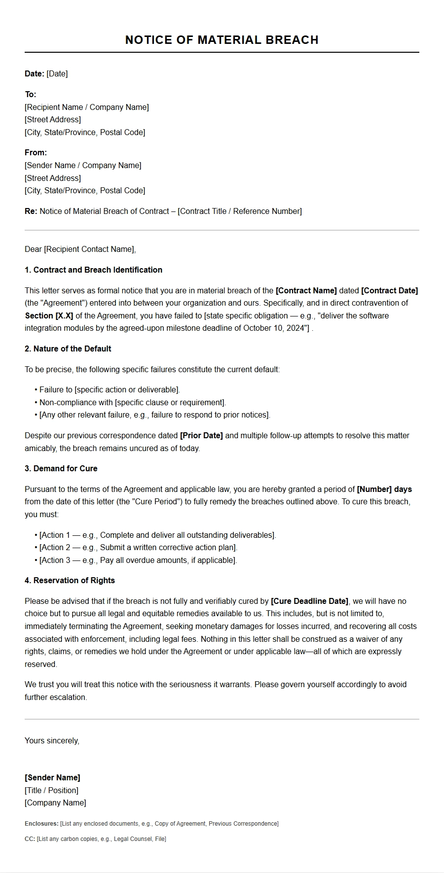 Legally Binding Notice Phrasing for Breach of Contract