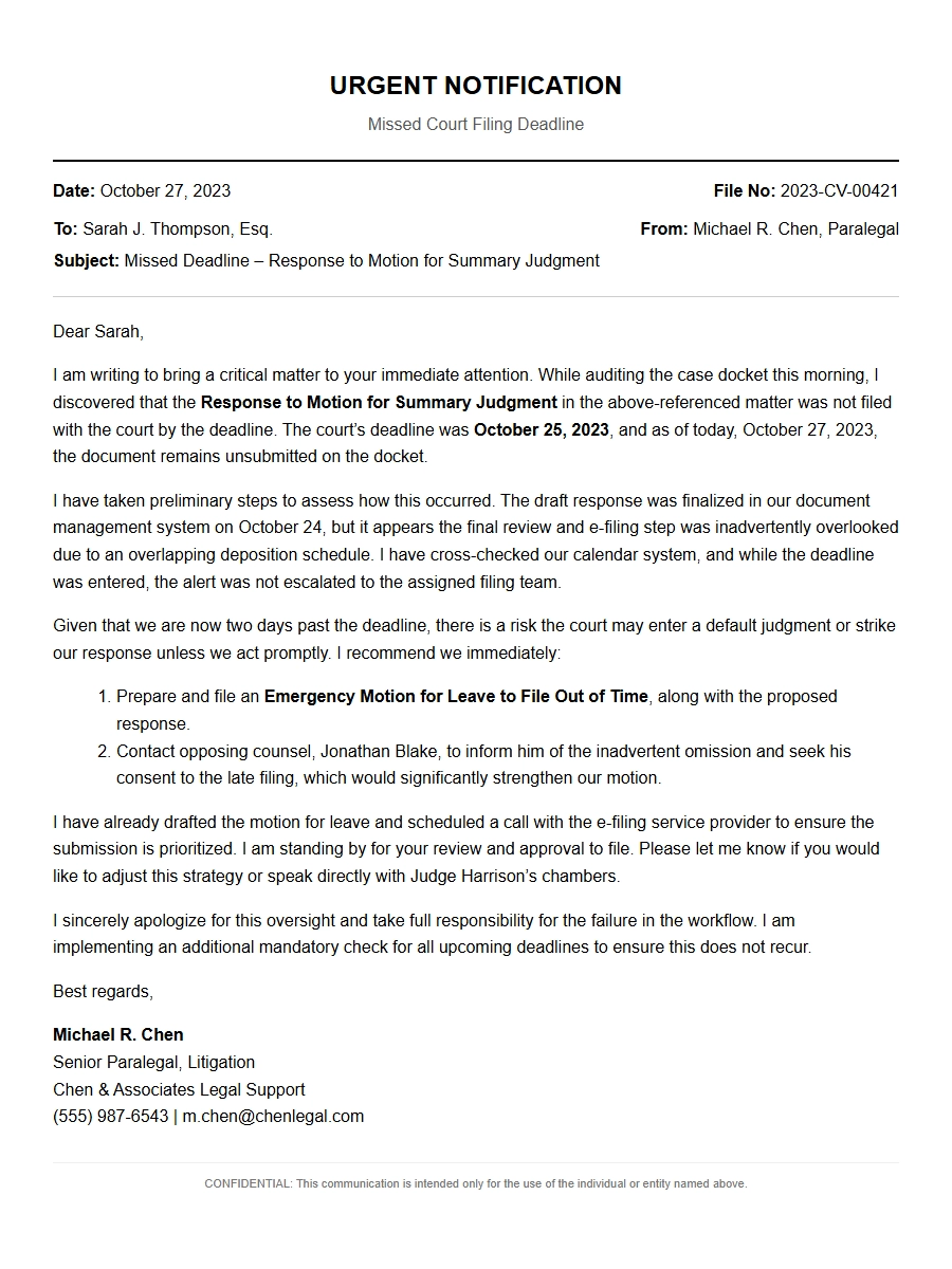 Notifying Attorney of Missed Filing Deadline Letter