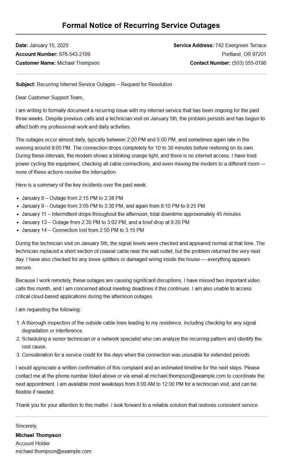 Sample Letter for Recurring Cable Outages