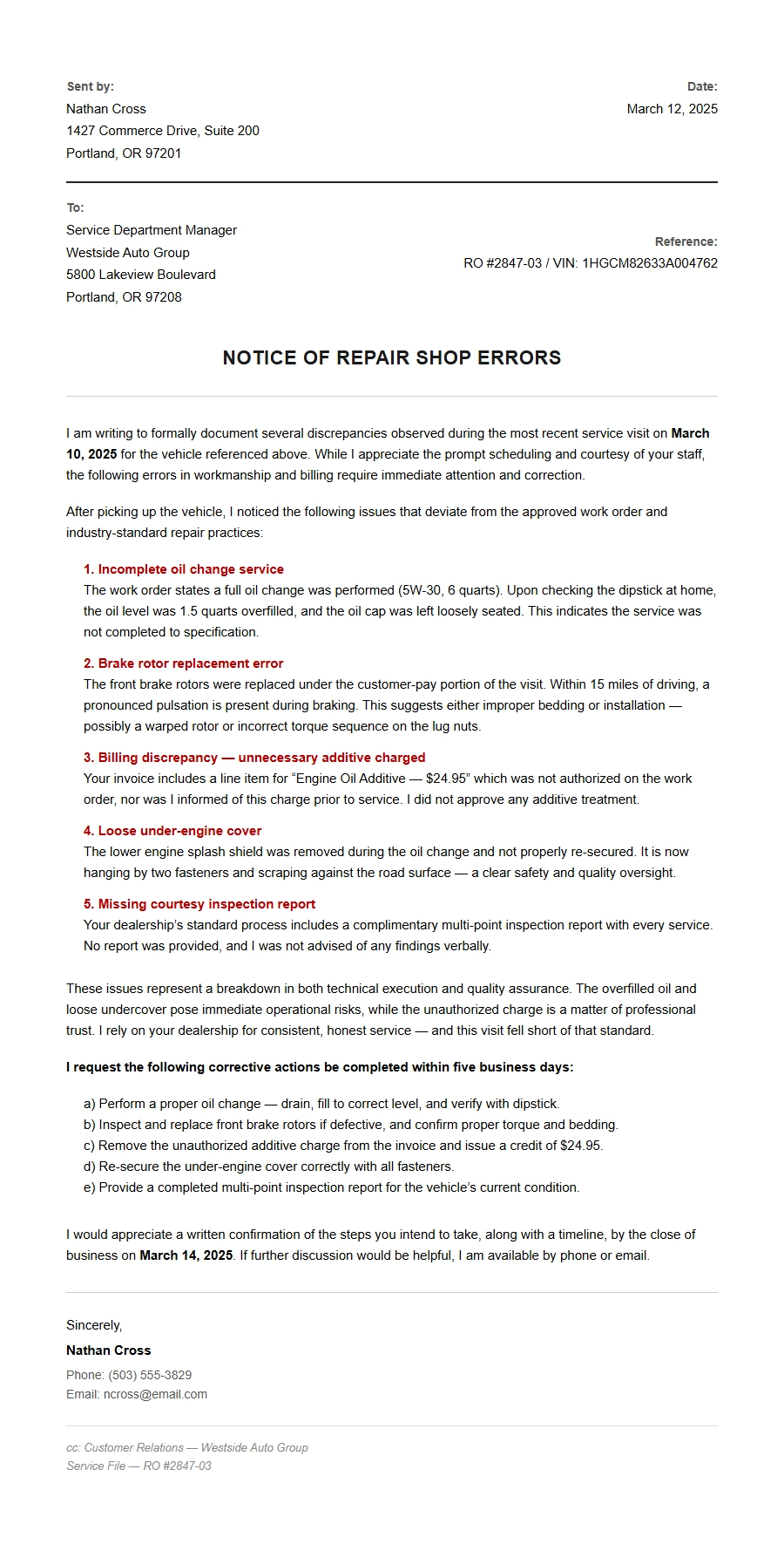 notifying car dealership of repair shop errors - Complaint Letters