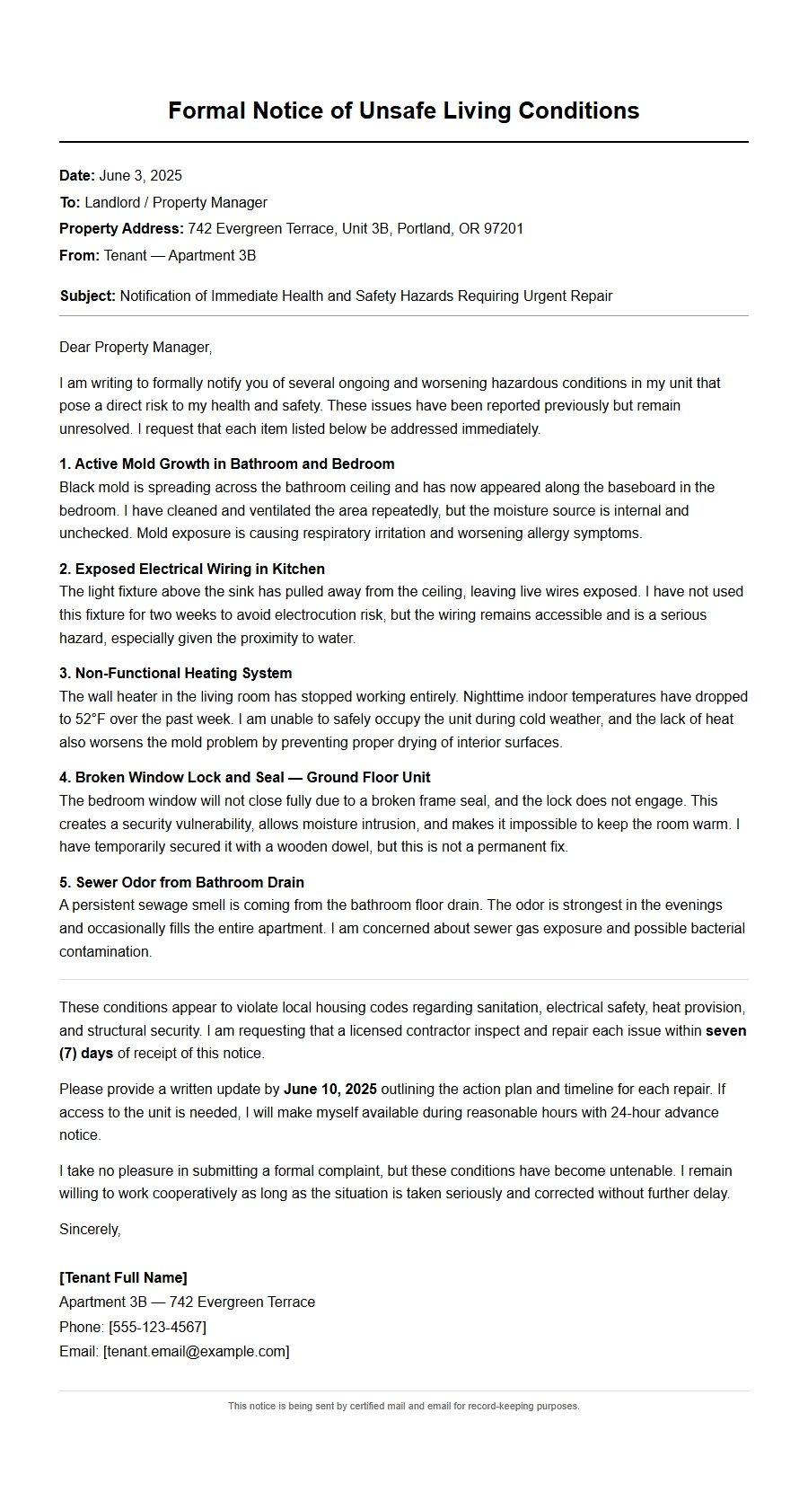 Sample Complaint Letter: Unsafe Living Conditions
