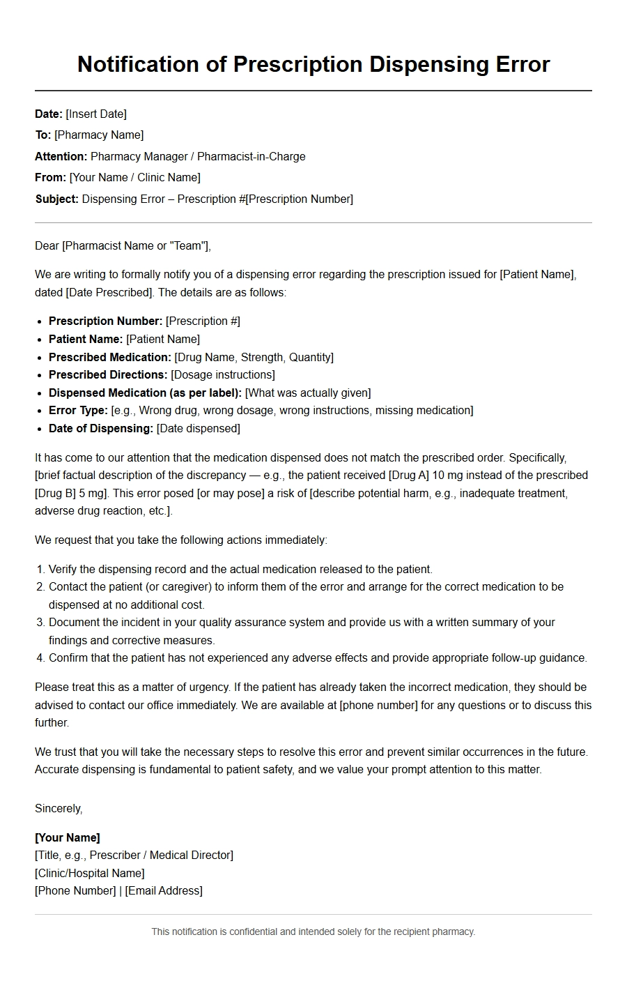 notifying pharmacy of prescription dispensing error - Complaint Letters
