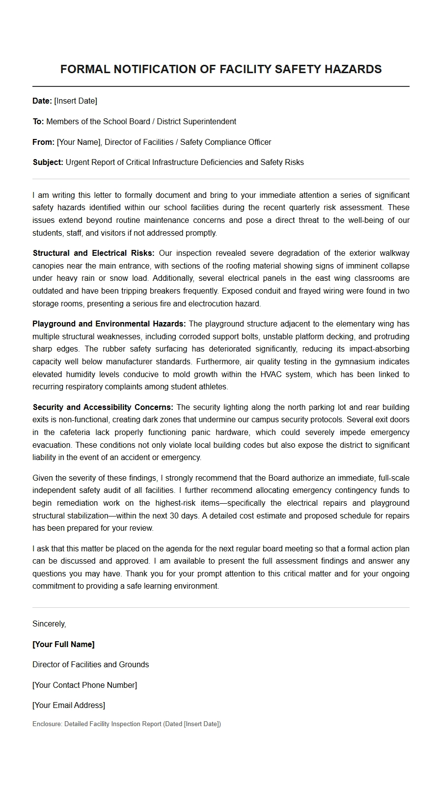 Complaint Letter to School Board About Safety Hazards