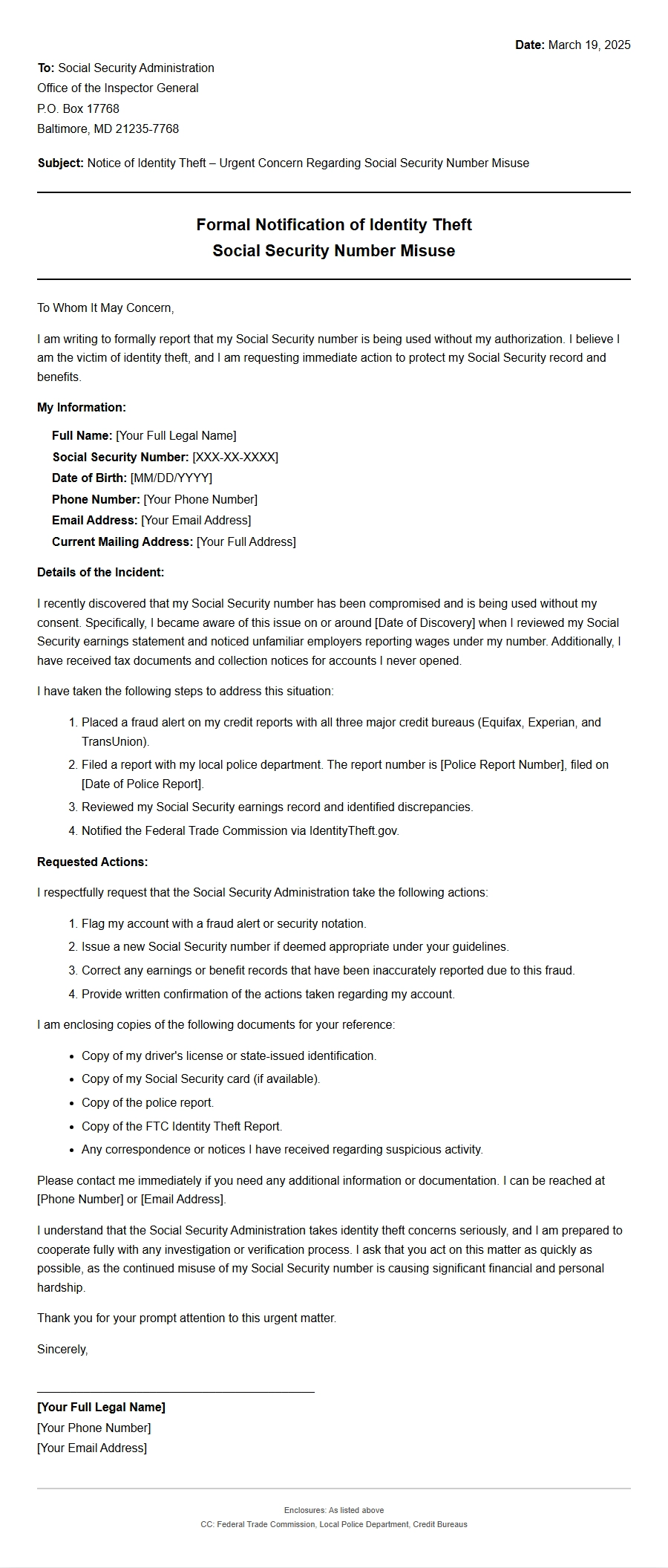 Complaint Letter to Social Security for Identity Theft