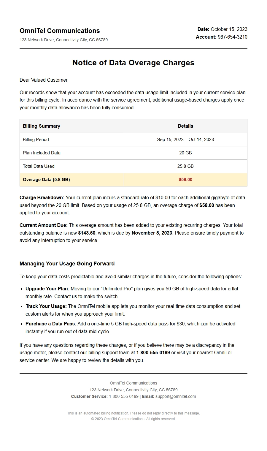 Notifying Telecom of Data Overage Charges