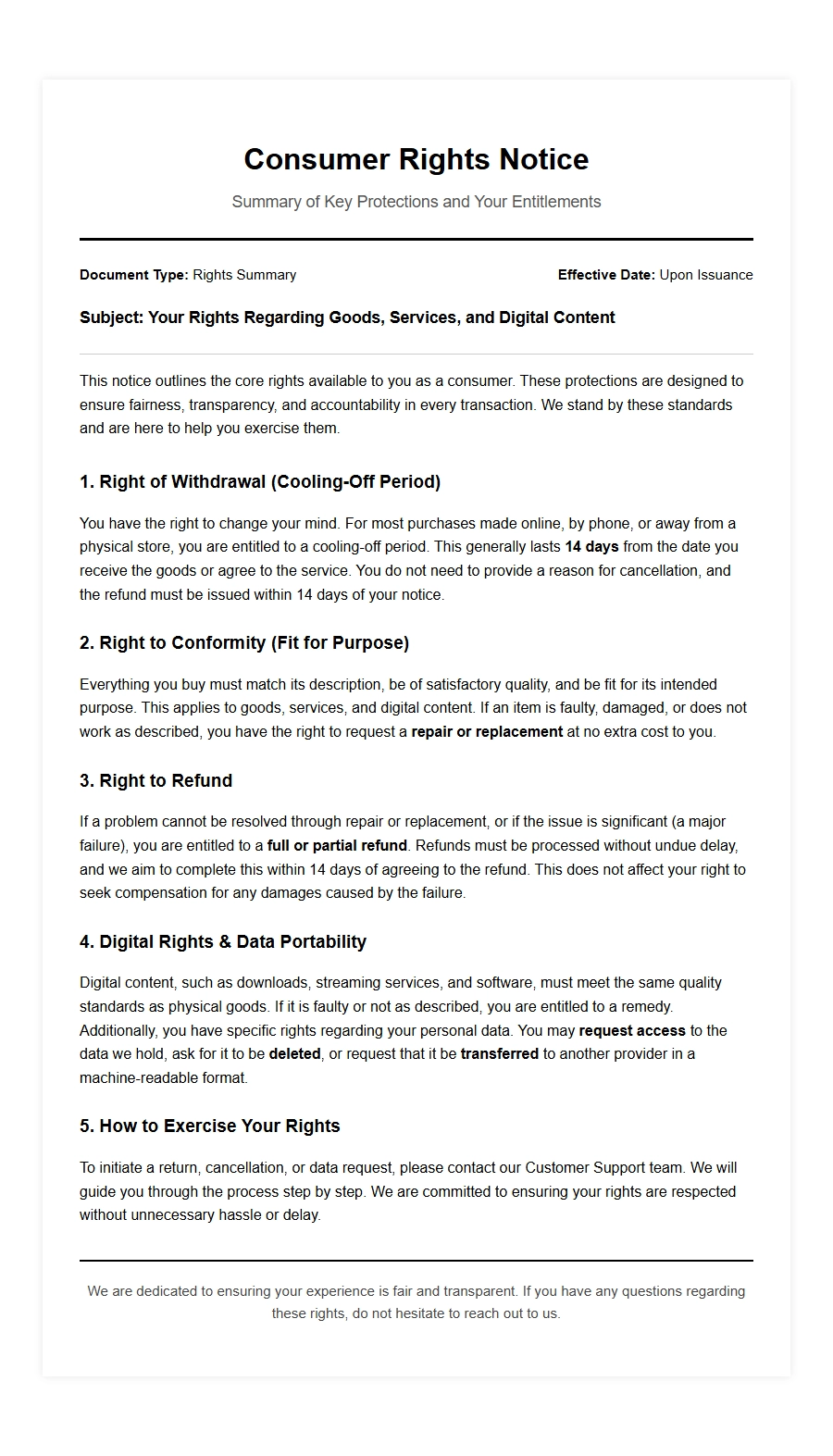 Plain English Consumer Rights Notice for Complaints