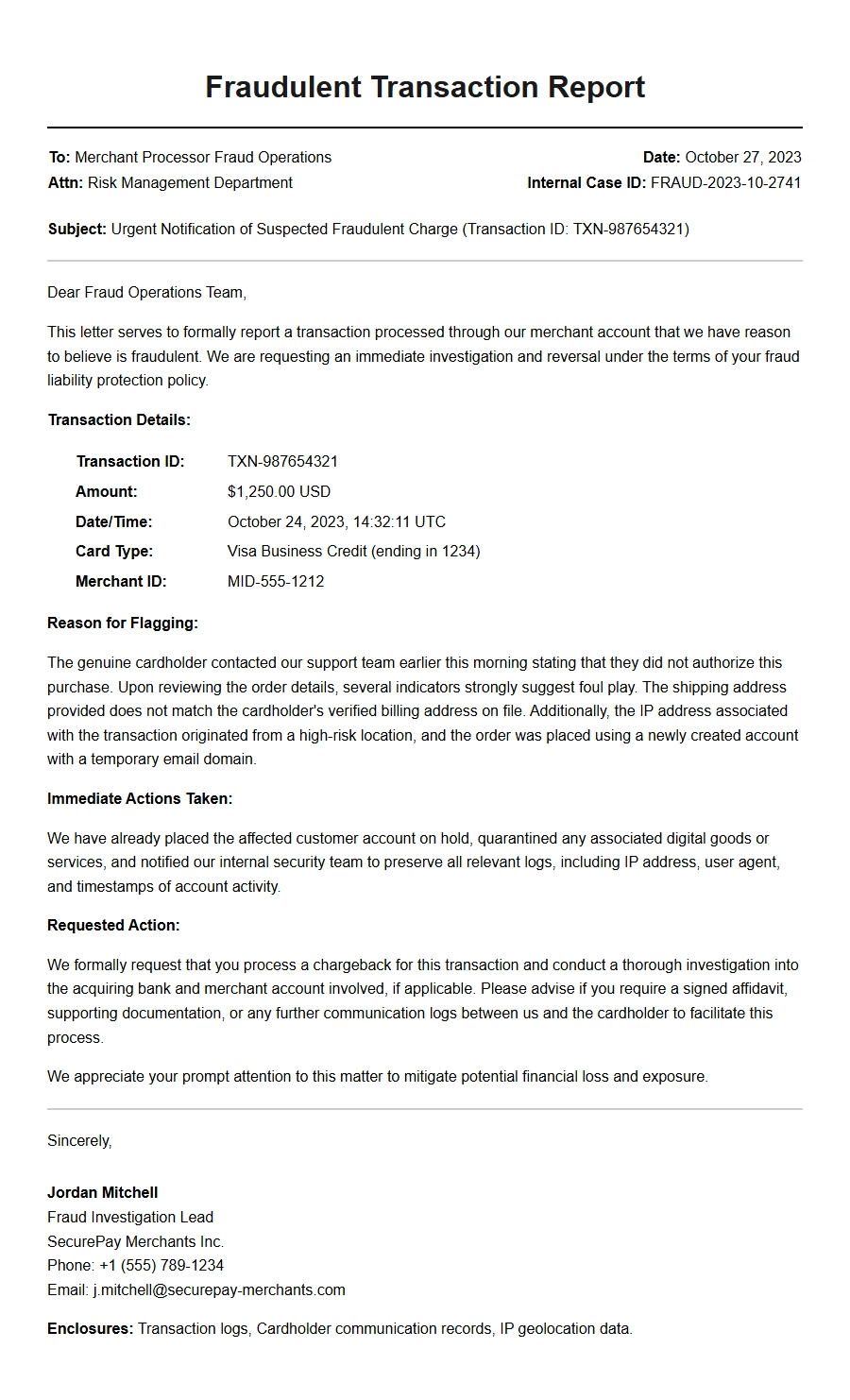 Complaint Letter for Fraudulent Charge to Processor