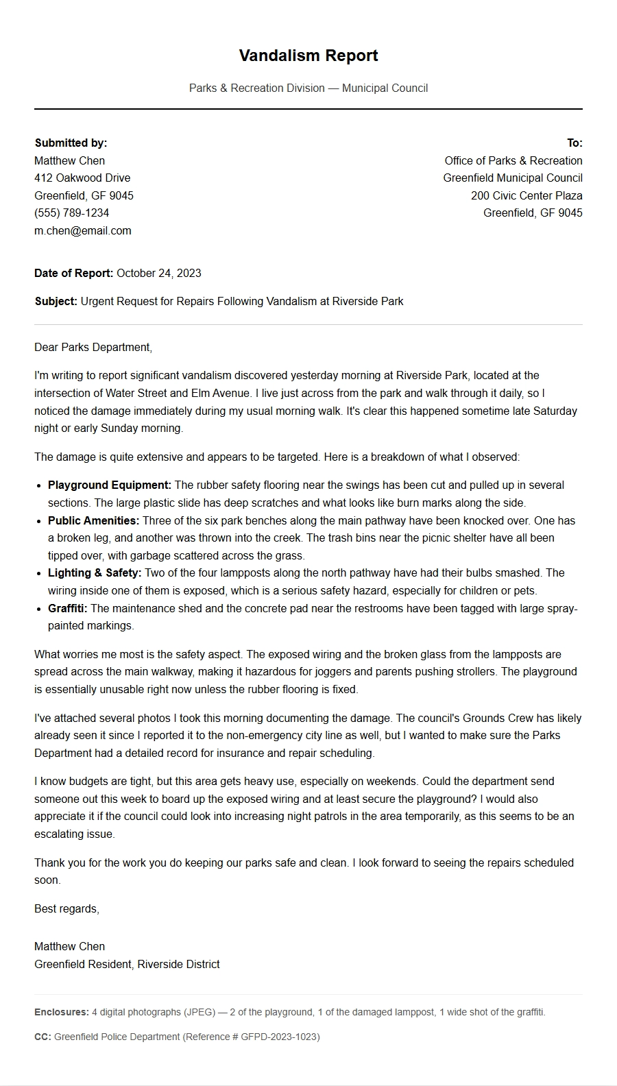 Reporting Park Vandalism to Municipal Council