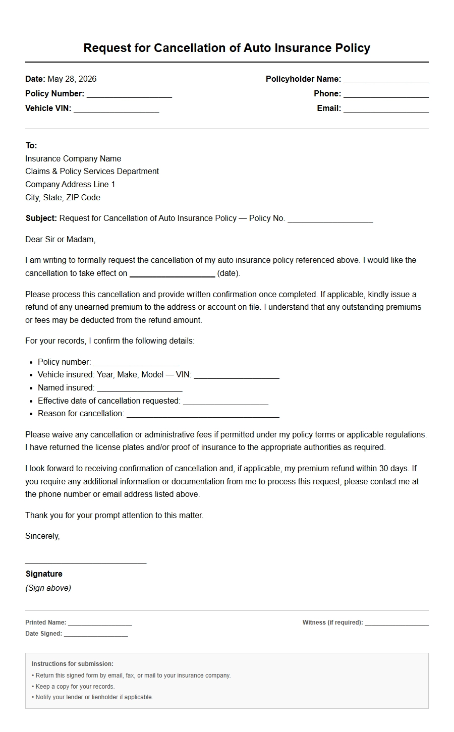 Sample Complaint Letter to Cancel Auto Insurance Policy