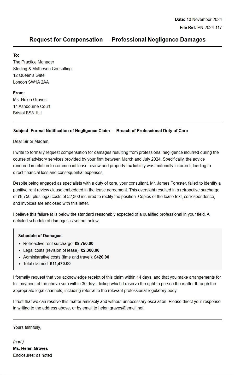 Letter Requesting Compensation