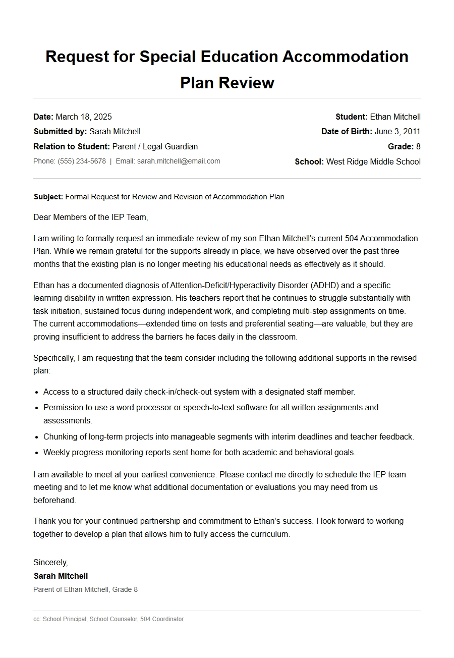 requesting special education accommodation plan review - Complaint Letters