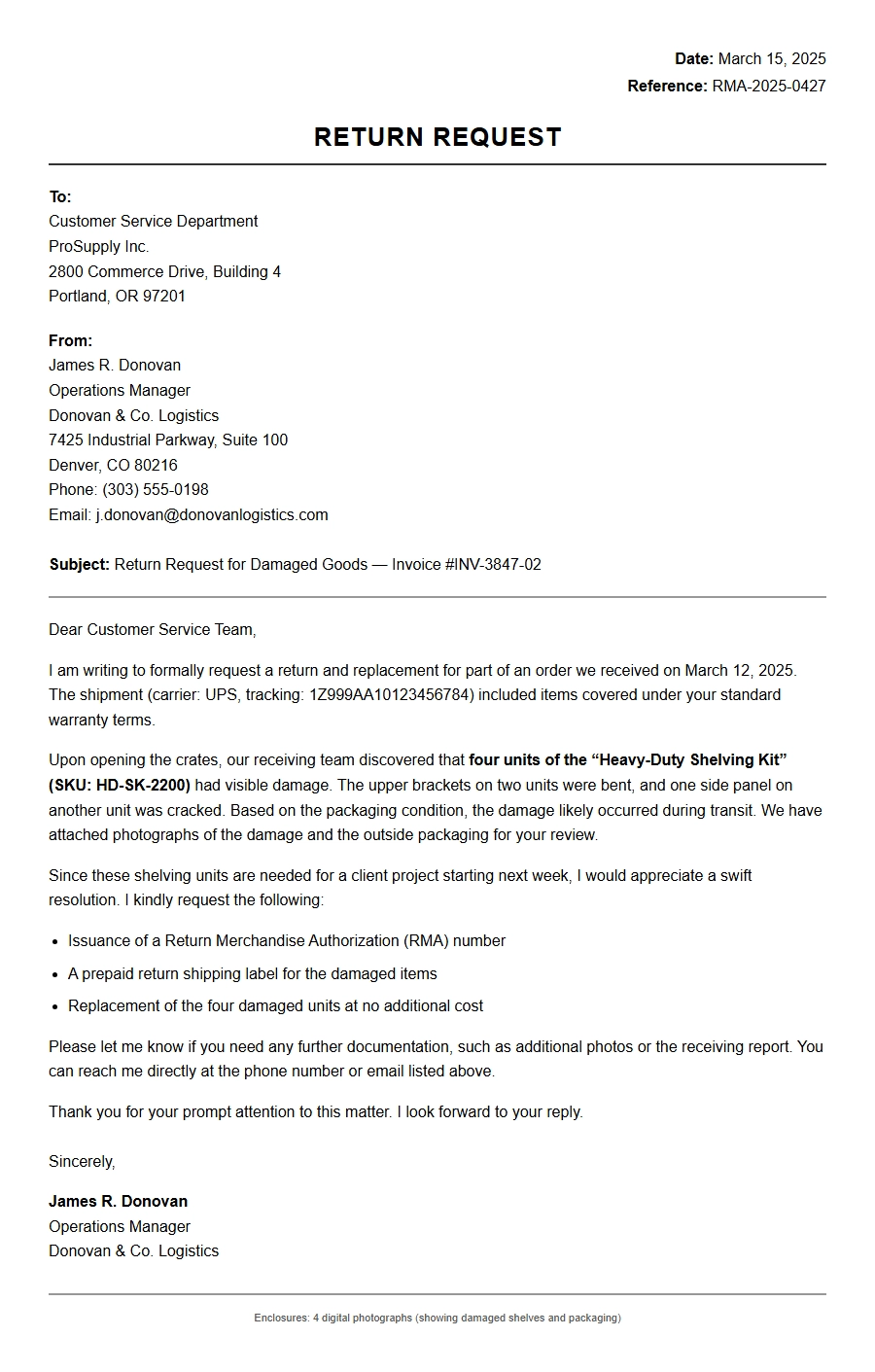 Return Request Letter for Damaged Goods Received