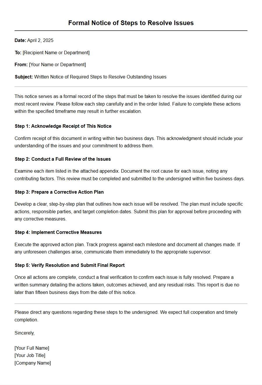 Steps to Resolve Issues via Written Notice