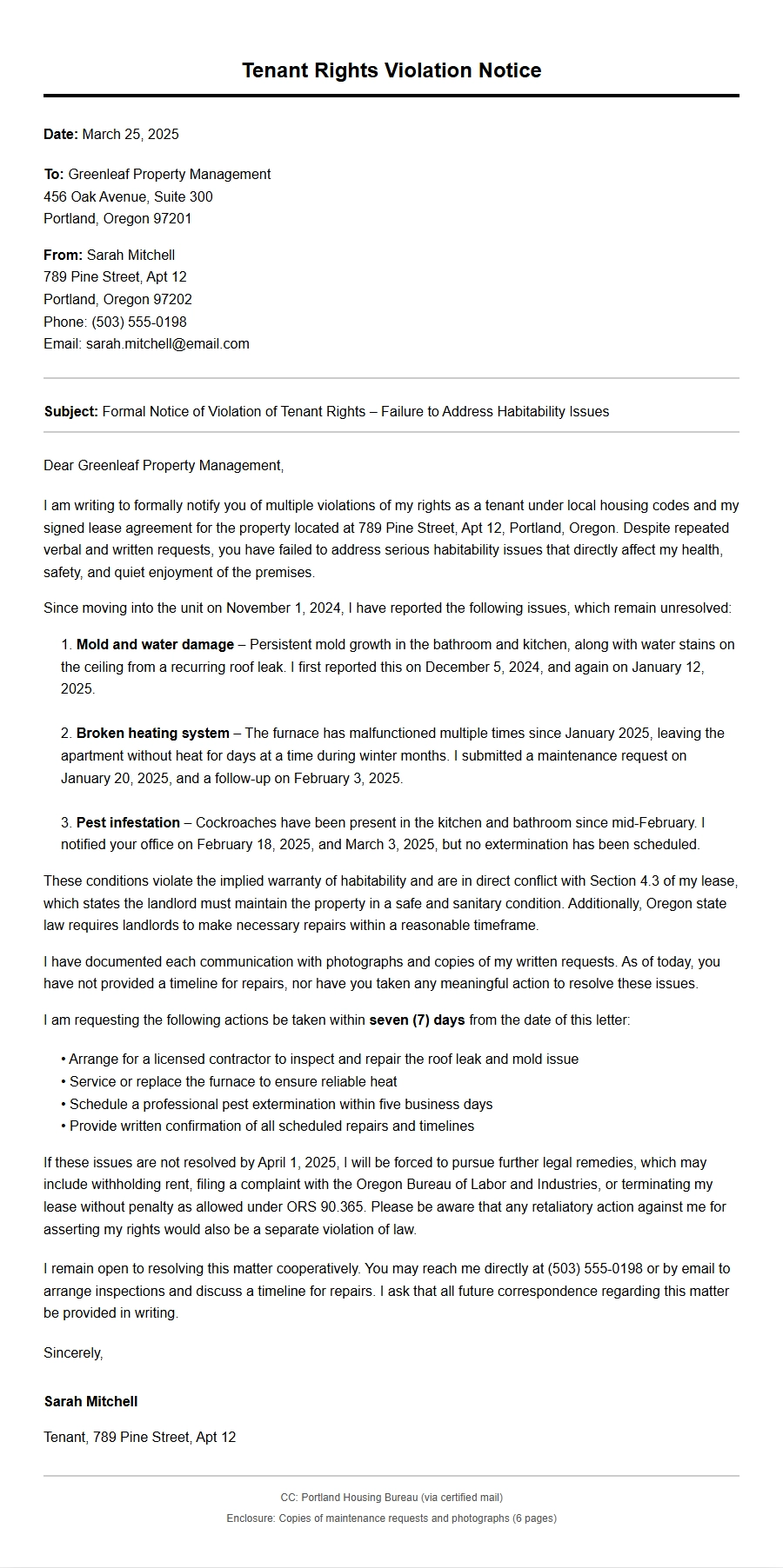 Example Tenant Rights Violation Letter