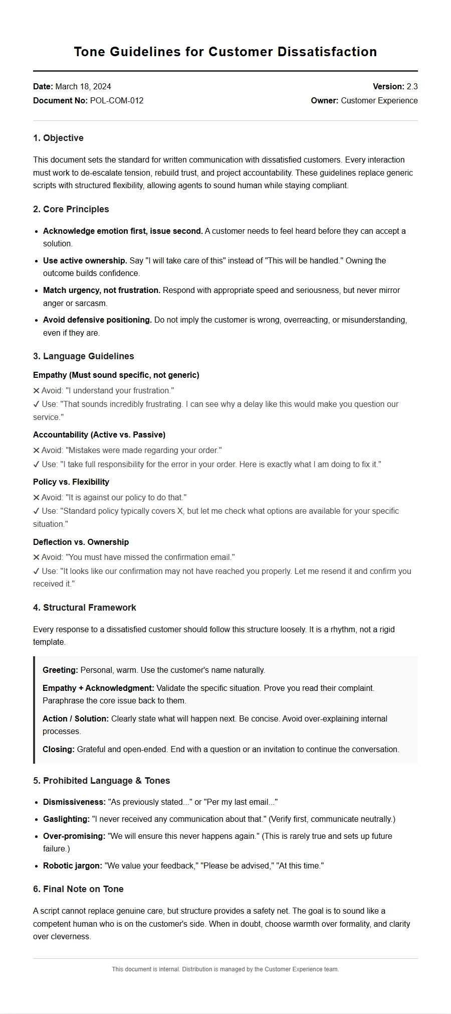 Tone Guidelines for Dissatisfied Customer Letters