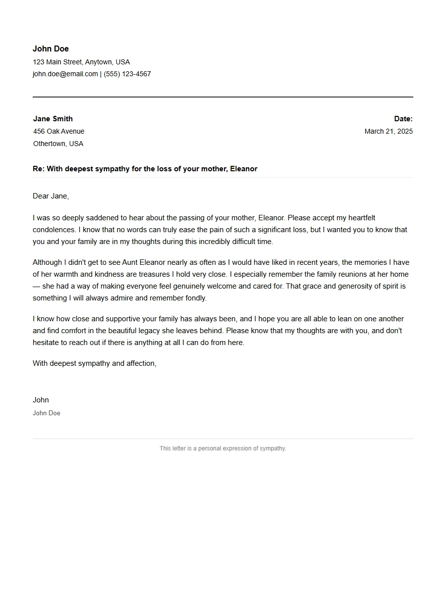 Condolence Letter for Distant Relative Loss
