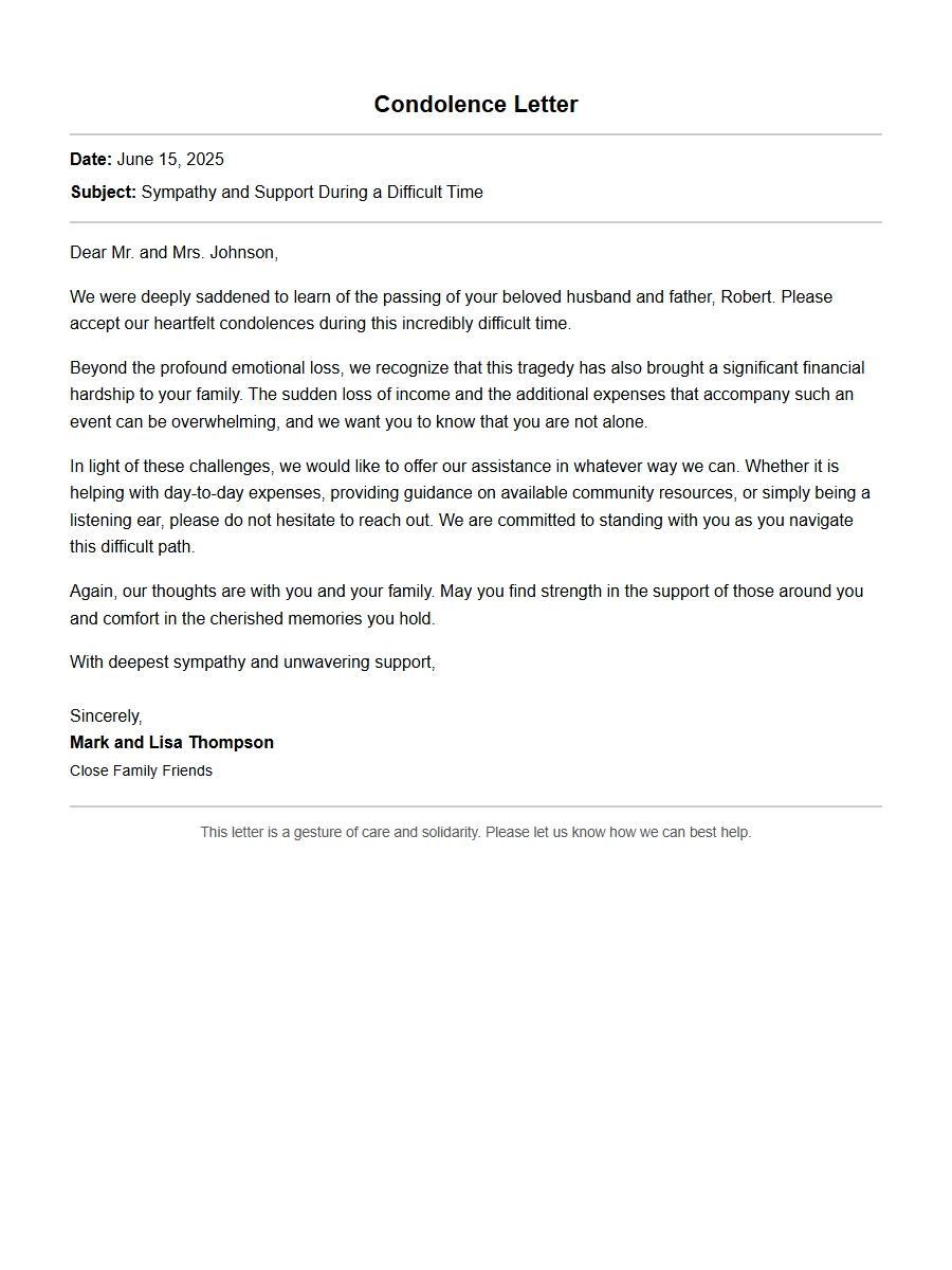Condolence Letter for Financial Strain After Death