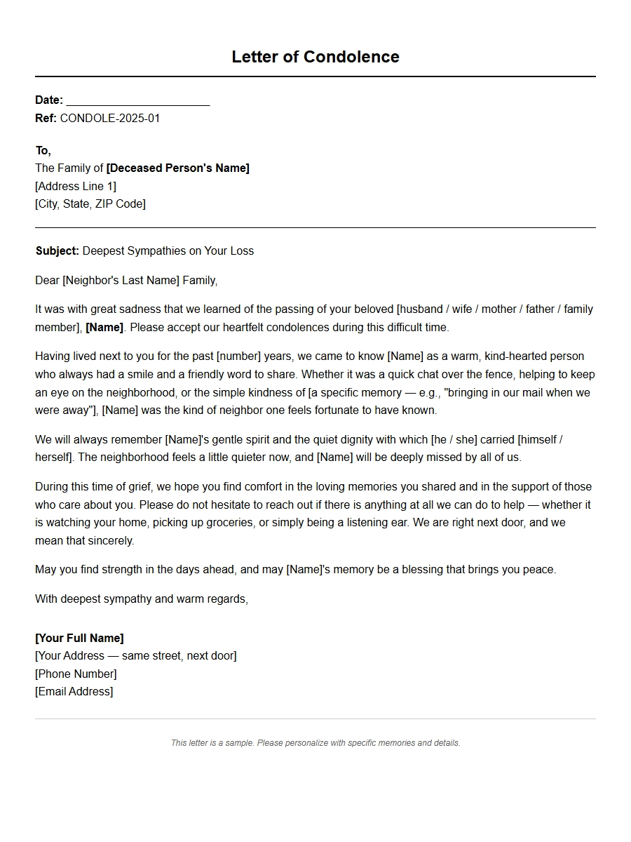 Condolence Letter Sample for a Neighbor