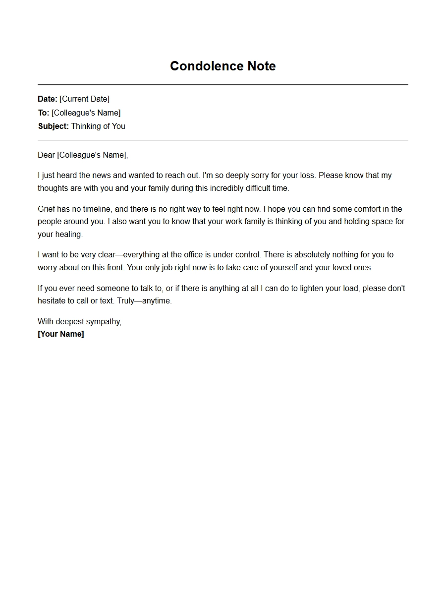 Condolence Note for Colleague on Bereavement Leave