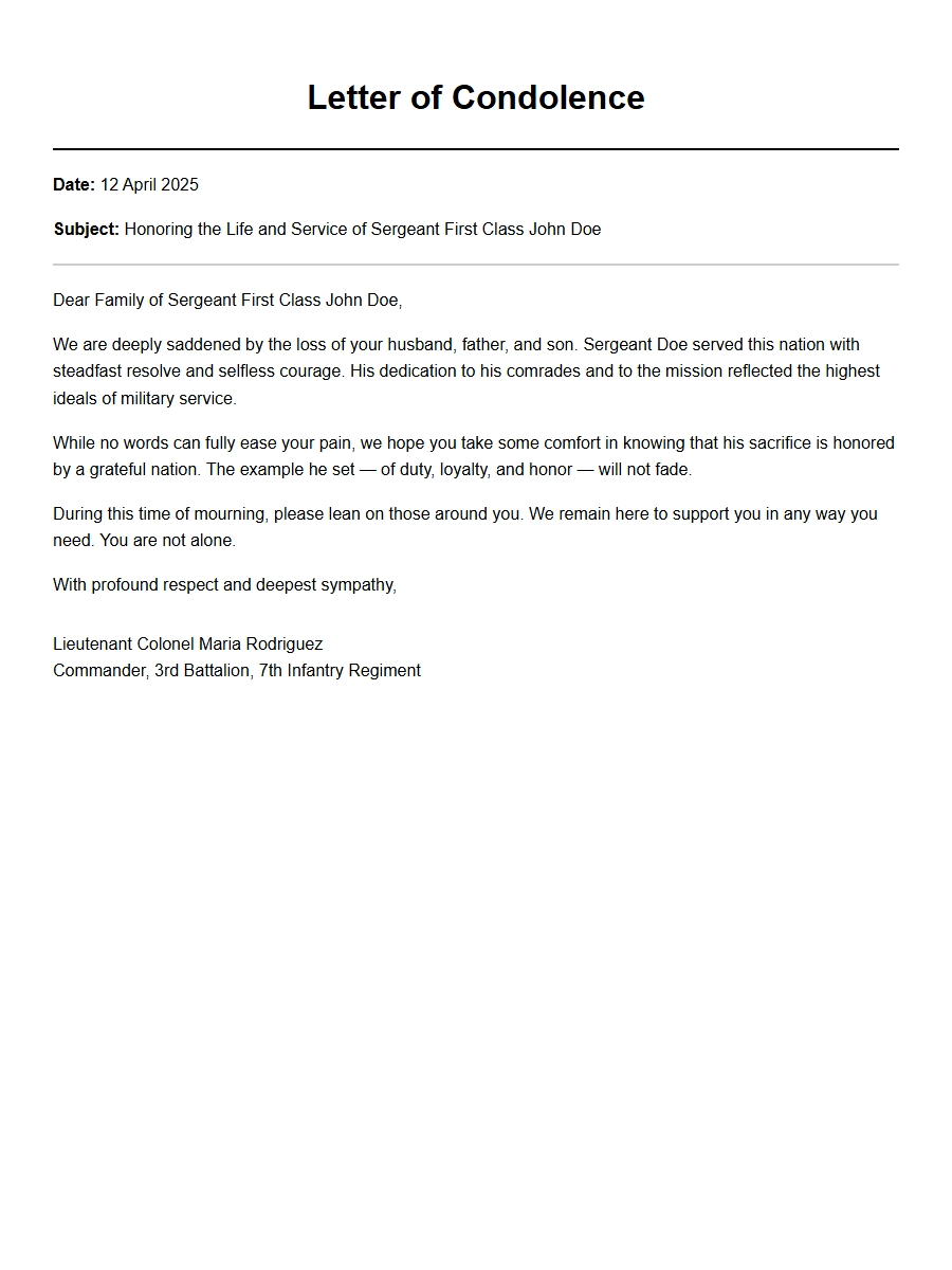 Condolence Letter for a Fallen Service Member