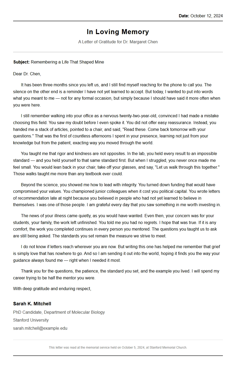 Example Condolence Letter Honoring a Deceased Mentor