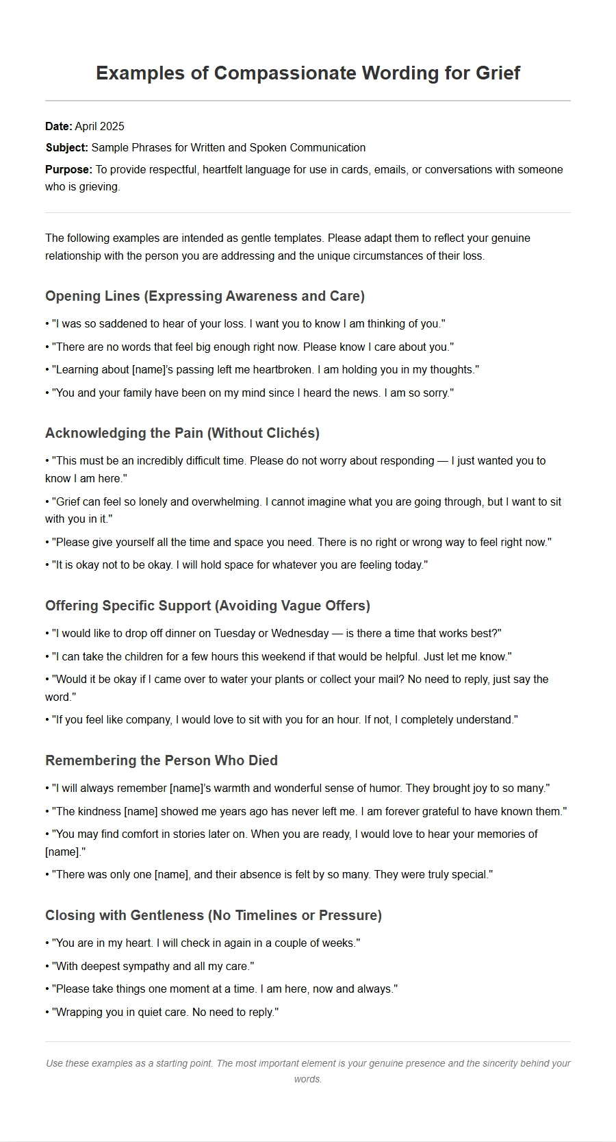 Compassionate Wording Examples for Grief Letters