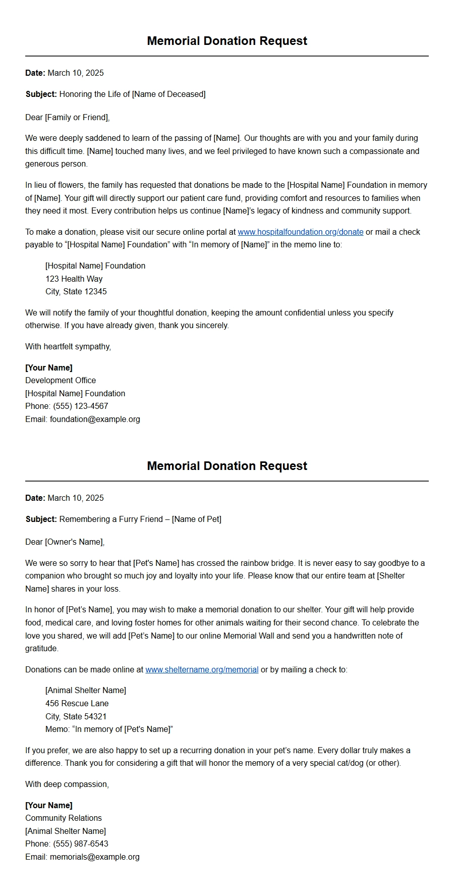 Memorial Donation Request Letter Examples
