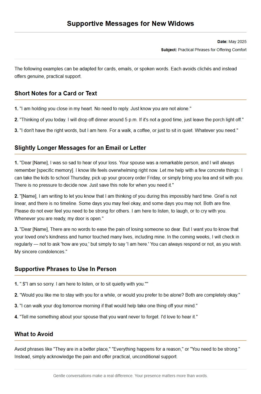Supportive Message Examples for New Widows