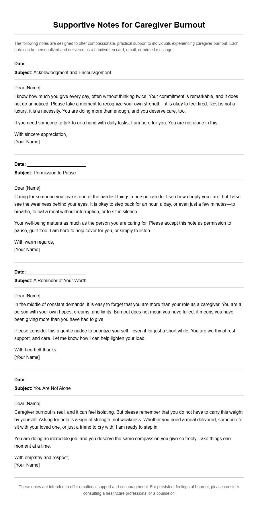 Supportive Notes for Caregiver Burnout: Examples