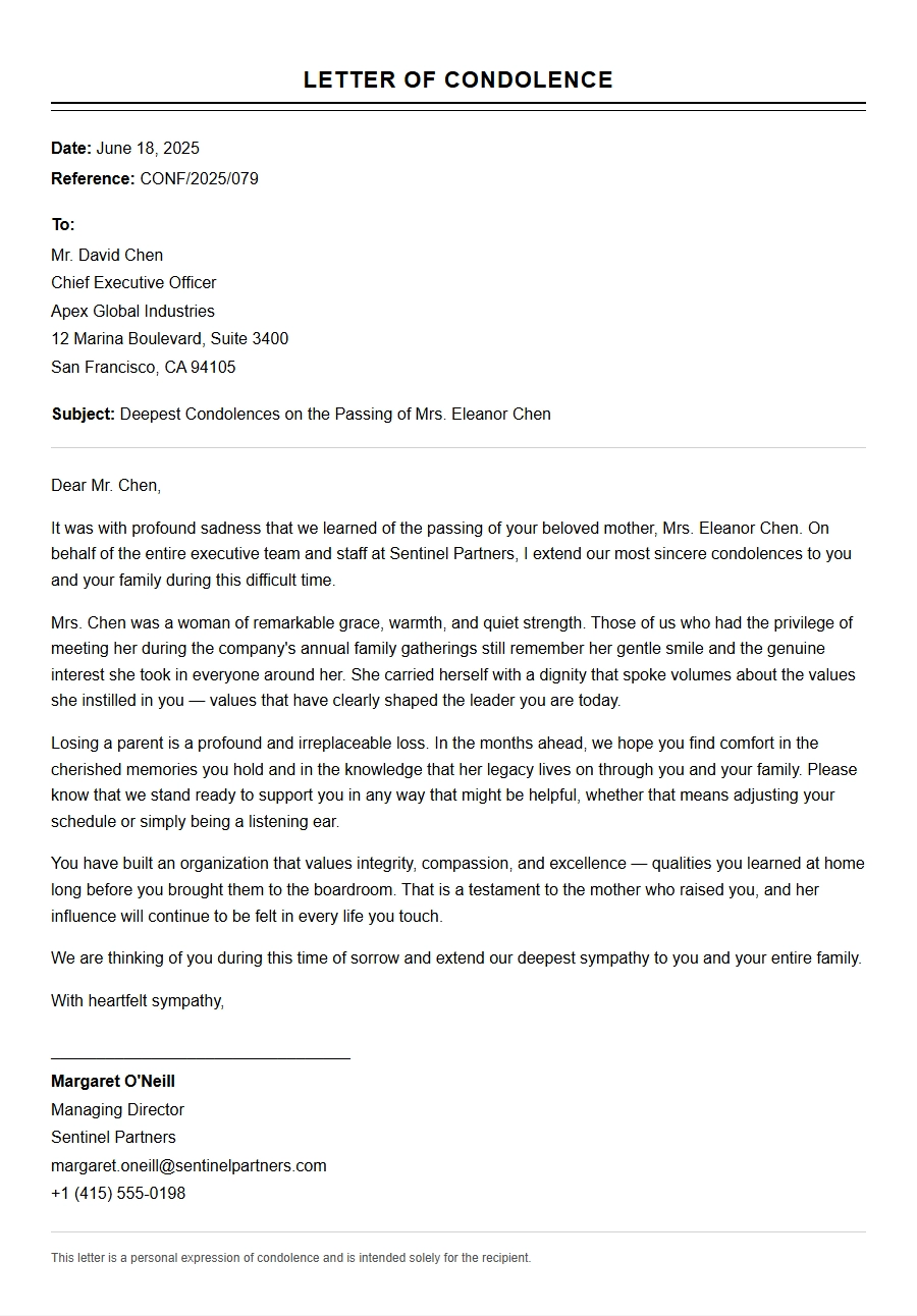 Formal Condolence Letter to an Executive