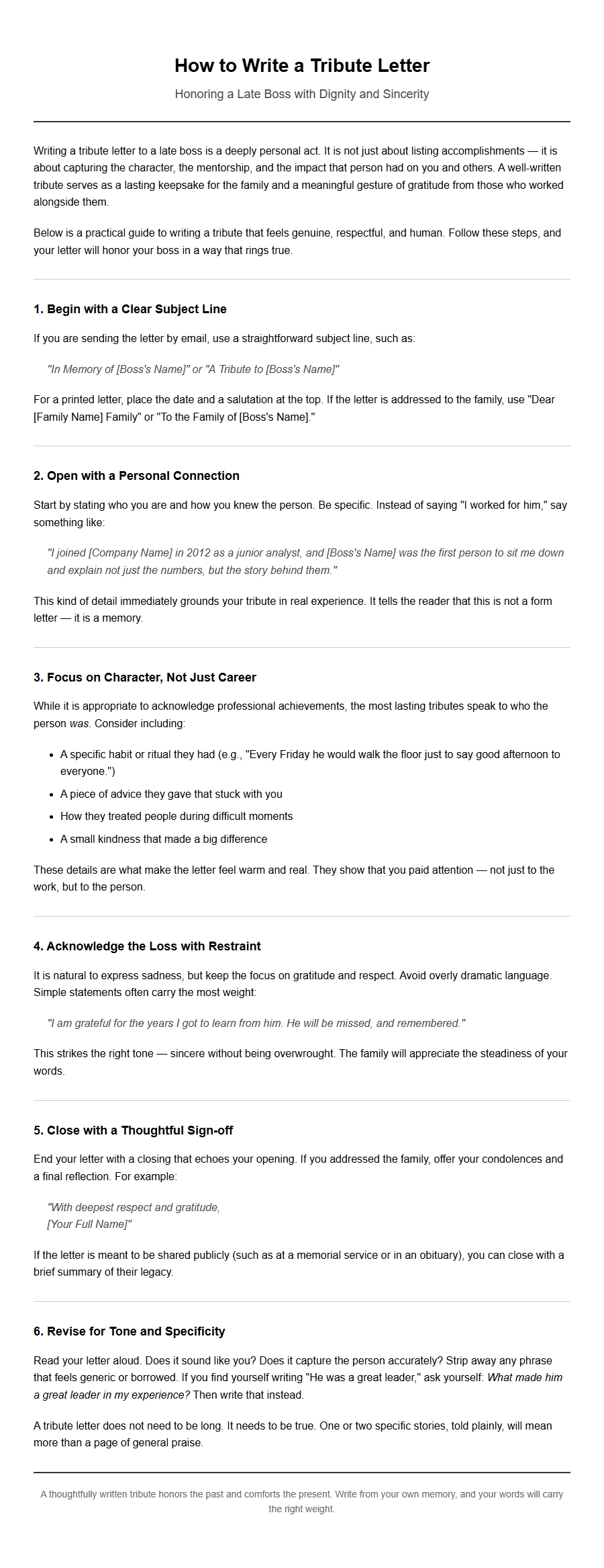 How to Write a Tribute Letter for Your Late Boss