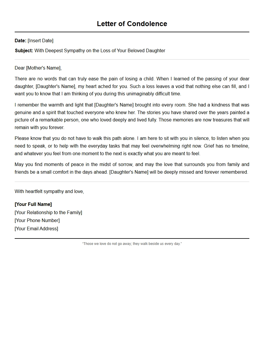 Condolence Letter Sample for a Daughter