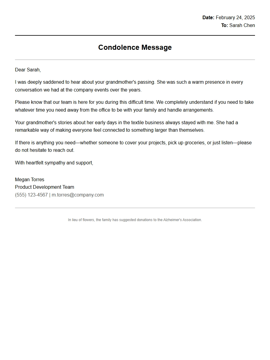 Heartfelt Message for Coworker Attending a Funeral
