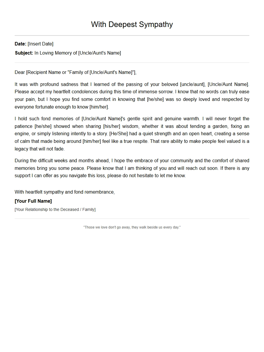 Condolence Letter for Loss of Uncle or Aunt