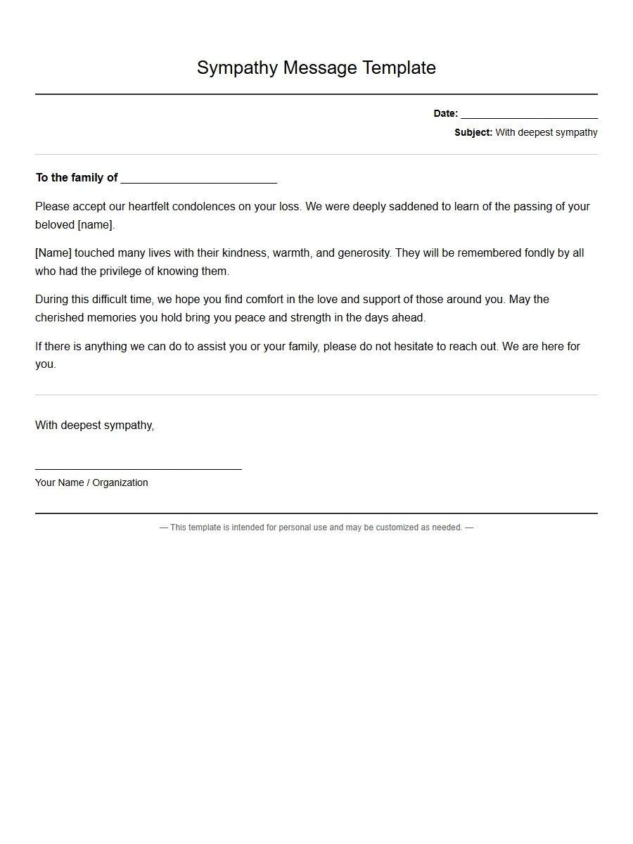 non religious sympathy message template - Condolence Letters