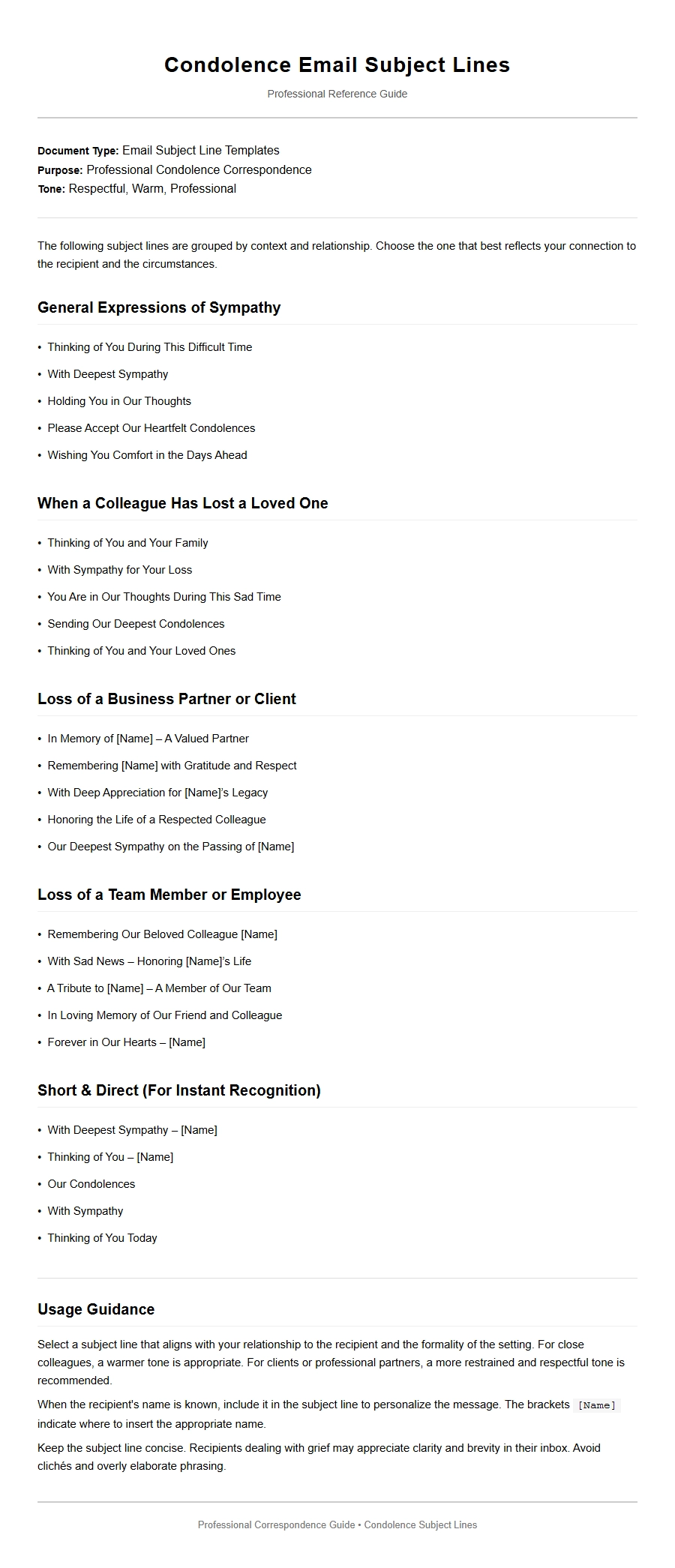 Professional Condolence Email Subject Lines
