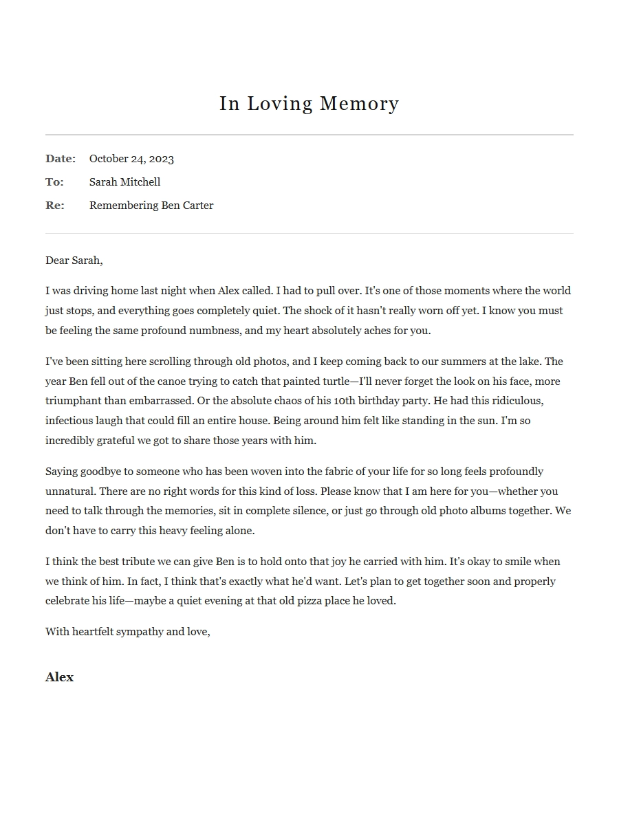 Sample Condolence Letter for Loss of Childhood Friend