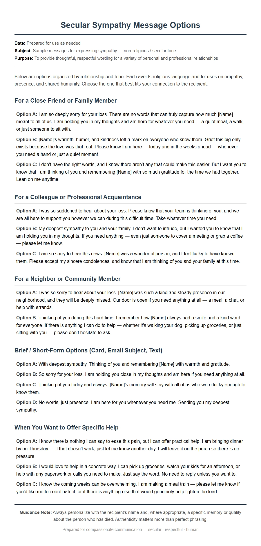Secular Sympathy Messages for Condolence Letters