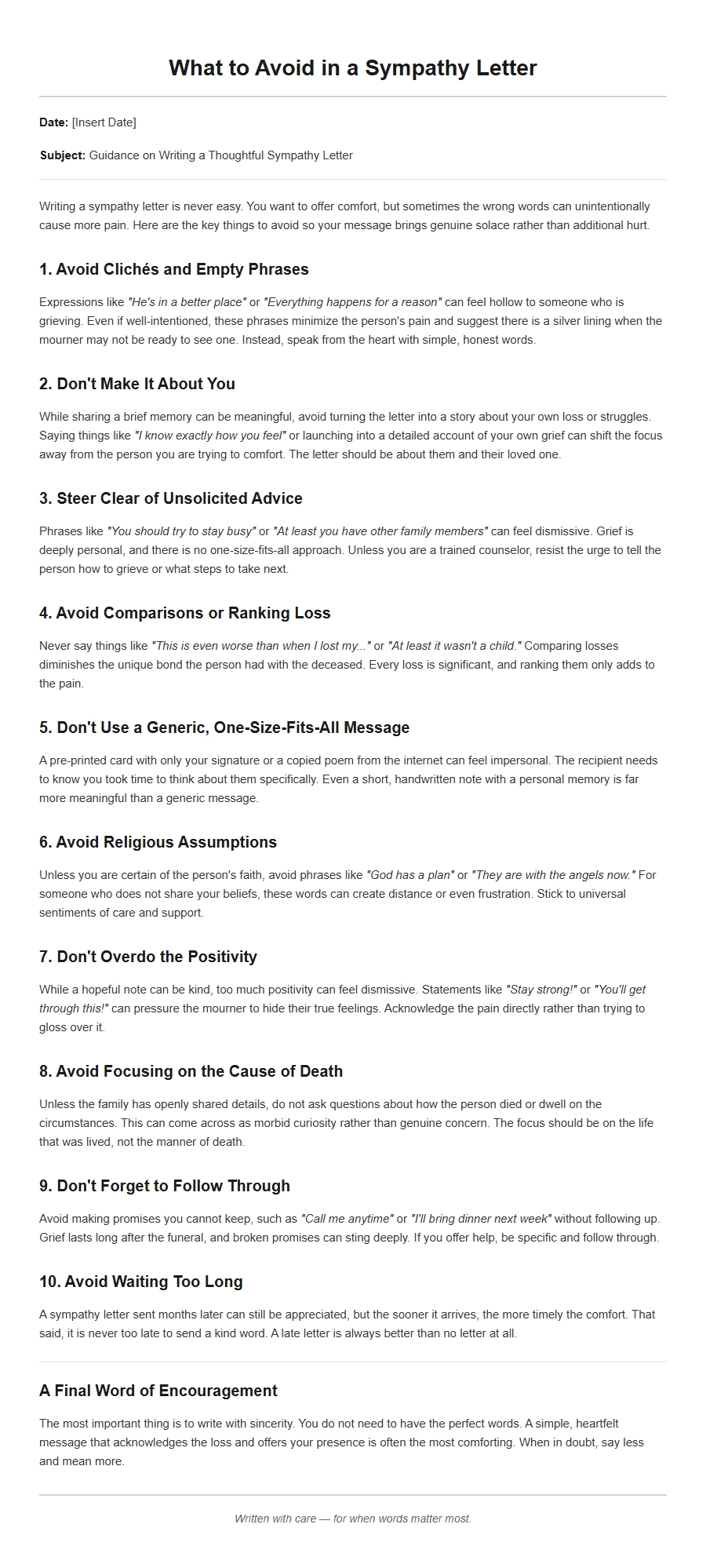 Mistakes to Avoid in a Sympathy Letter