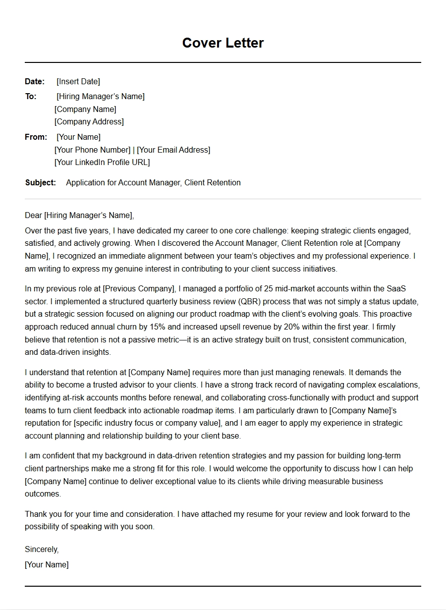 Account Manager Client Retention Cover Letter Example