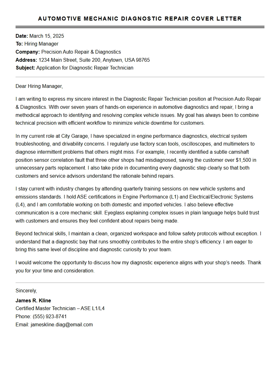 Automotive Diagnostic Mechanic Cover Letter