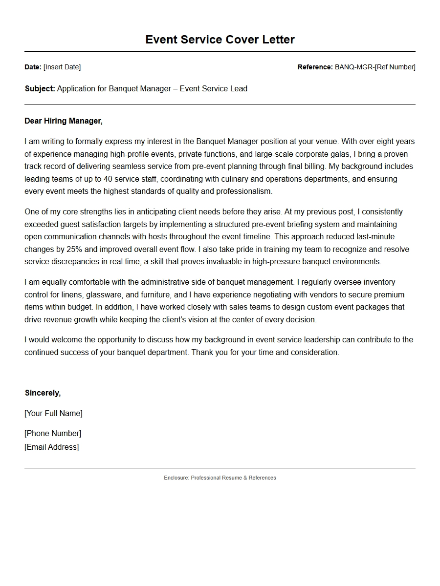Banquet Manager Event Service Cover Letter