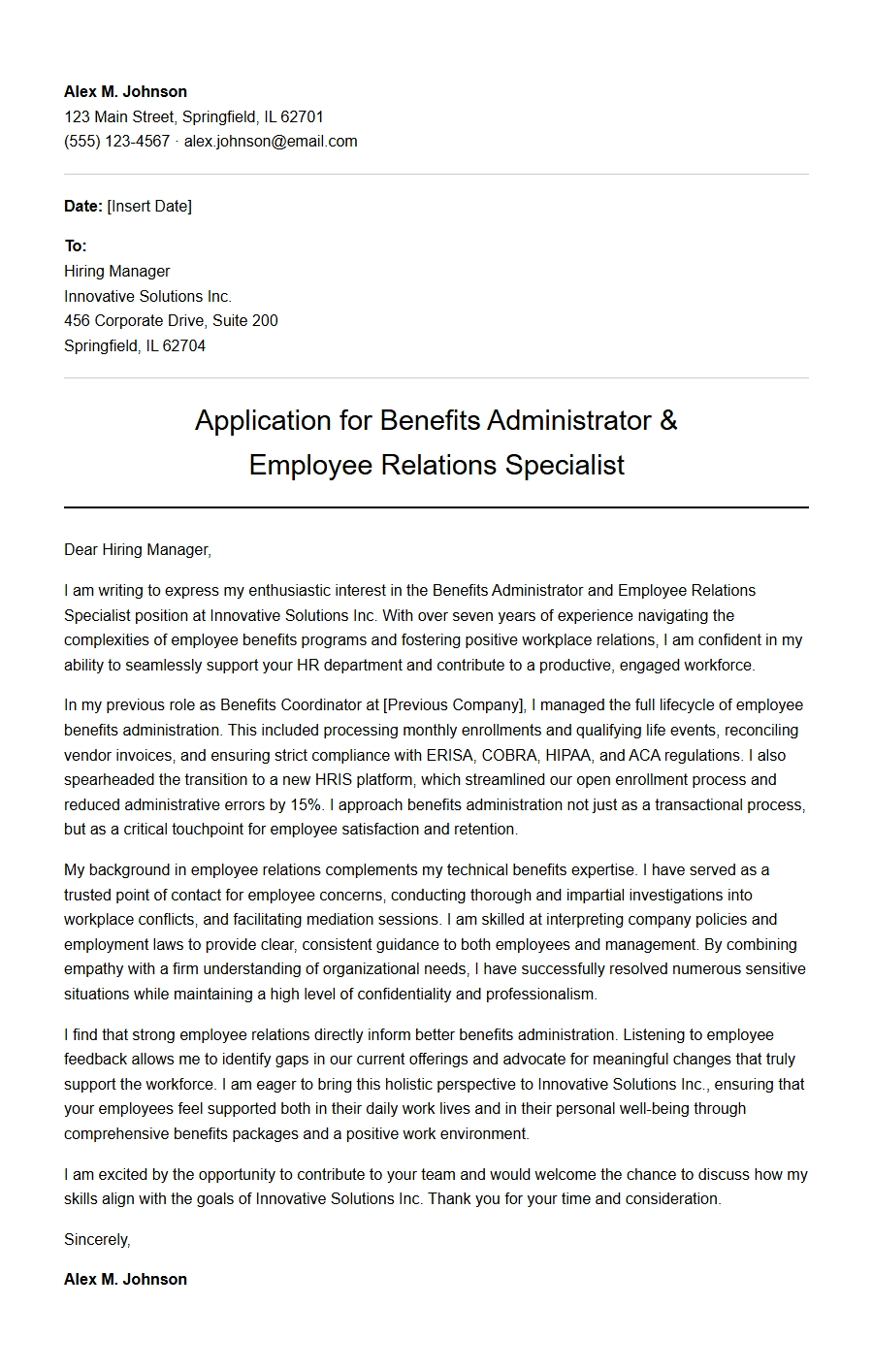 Cover Letter for Benefits Administrator with Employee Relations