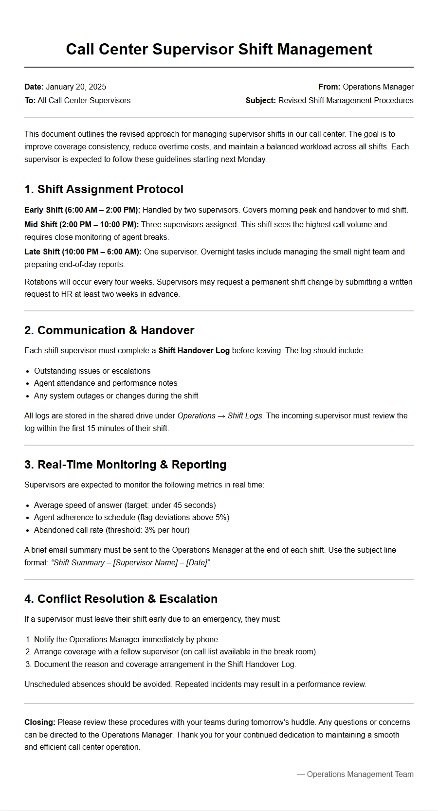 Call Center Supervisor Cover Letter for Shift Management