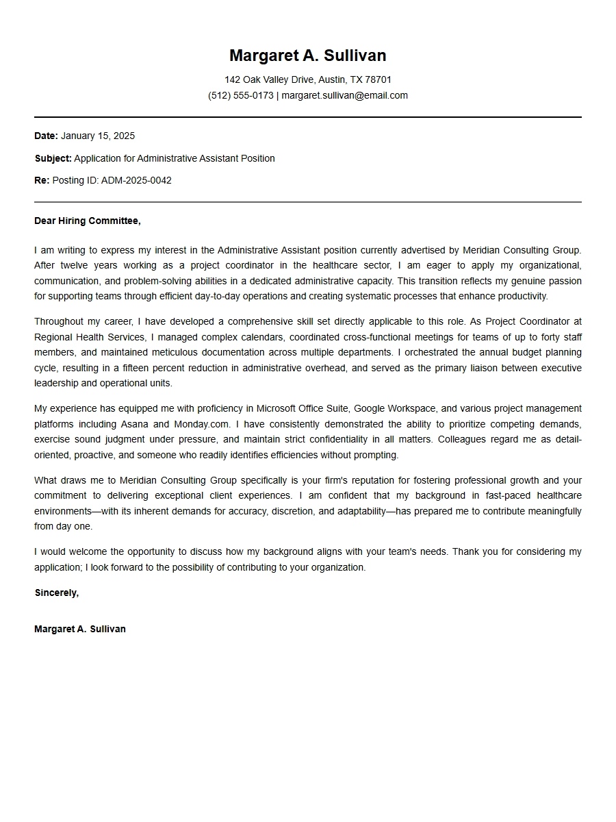 Career Changer Administrative Assistant Cover Letter